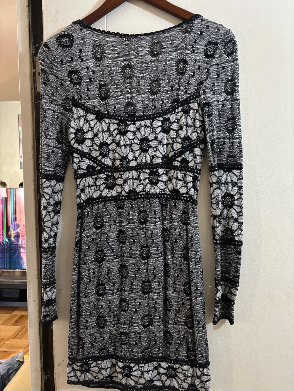 Free People Black and White Crochet Lace Long Sleeve Dress